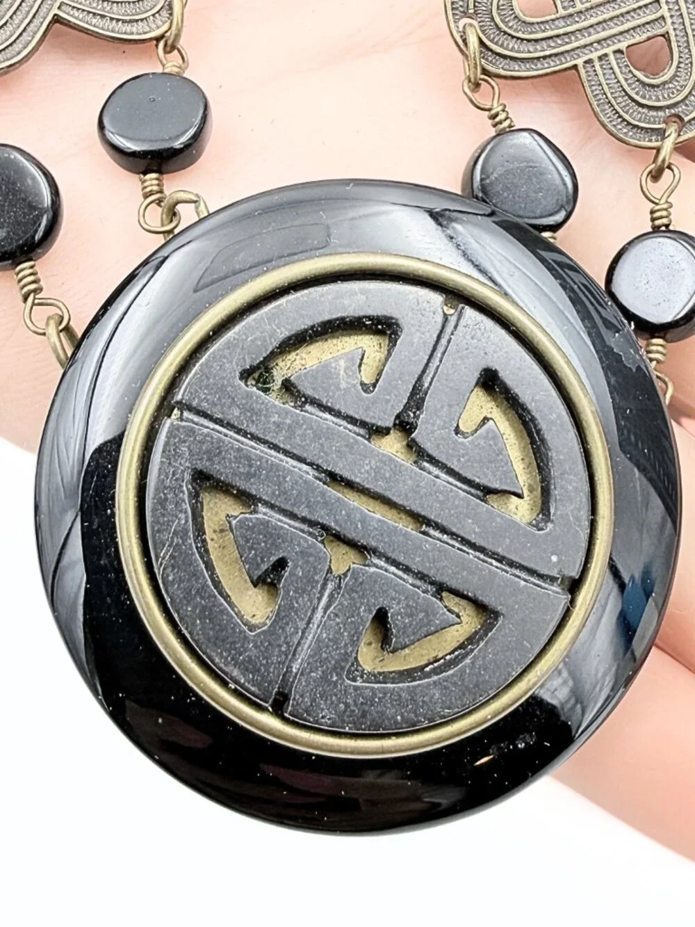 Jan Michaels Signed San Francisco Onyx Celtic Asian Fusion Brass Tribal Necklace